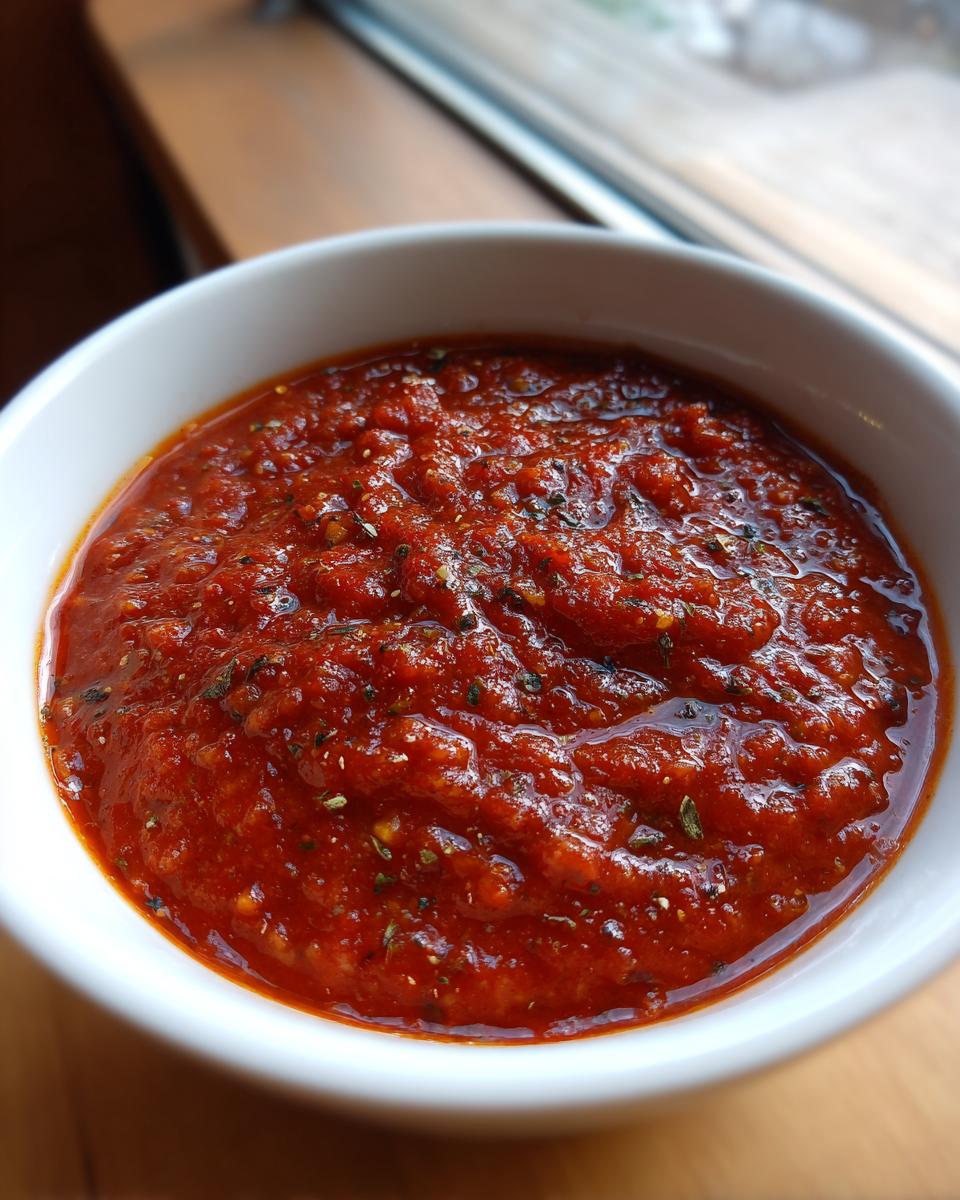 Close-up of thick, vibrant red pizza sauce seasoned with herbs in a white bowl.