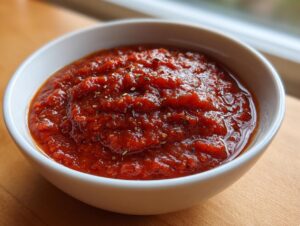 Close-up of thick, vibrant red homemade pizza sauce seasoned with herbs in a white bowl.
