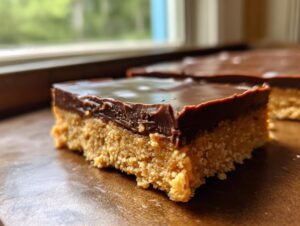 A close-up shot of a thick, decadent peanut butter bars slice with a crumbly base and a smooth chocolate topping.