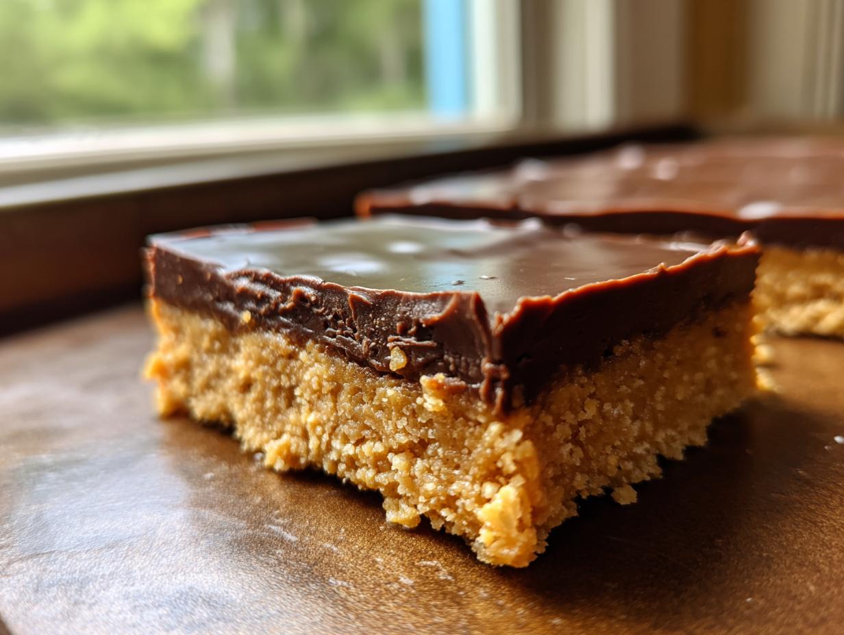 A close-up shot of a thick, decadent peanut butter bars slice with a crumbly base and a smooth chocolate topping.