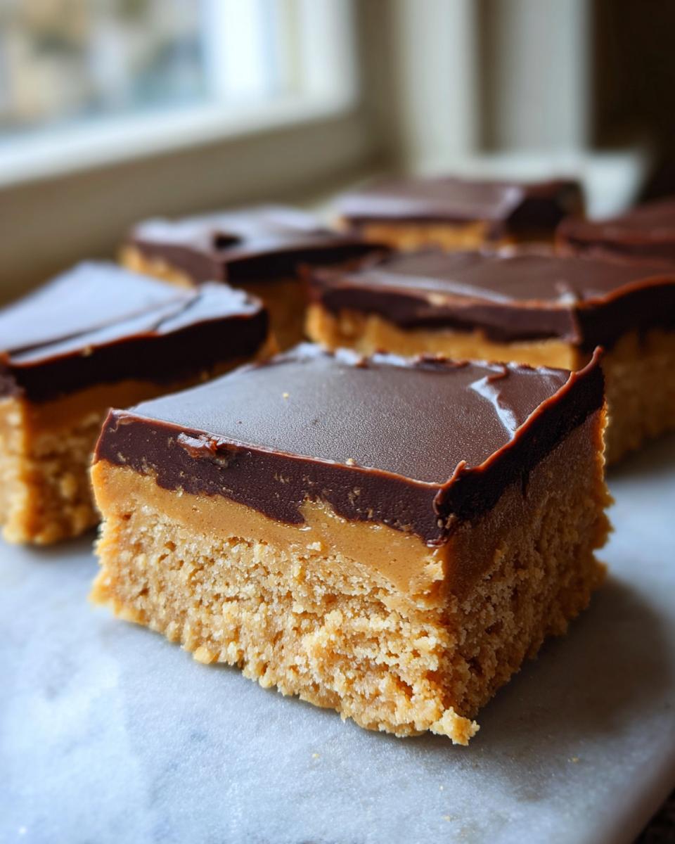 Close-up of a square of amazing 280-calorie peanut butter bars with a thick peanut butter layer and chocolate topping.