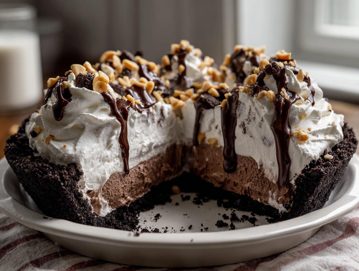 A decadent slice removed from a 3-layer ice cream pie with chocolate crust, mousse, whipped cream, and peanut topping.