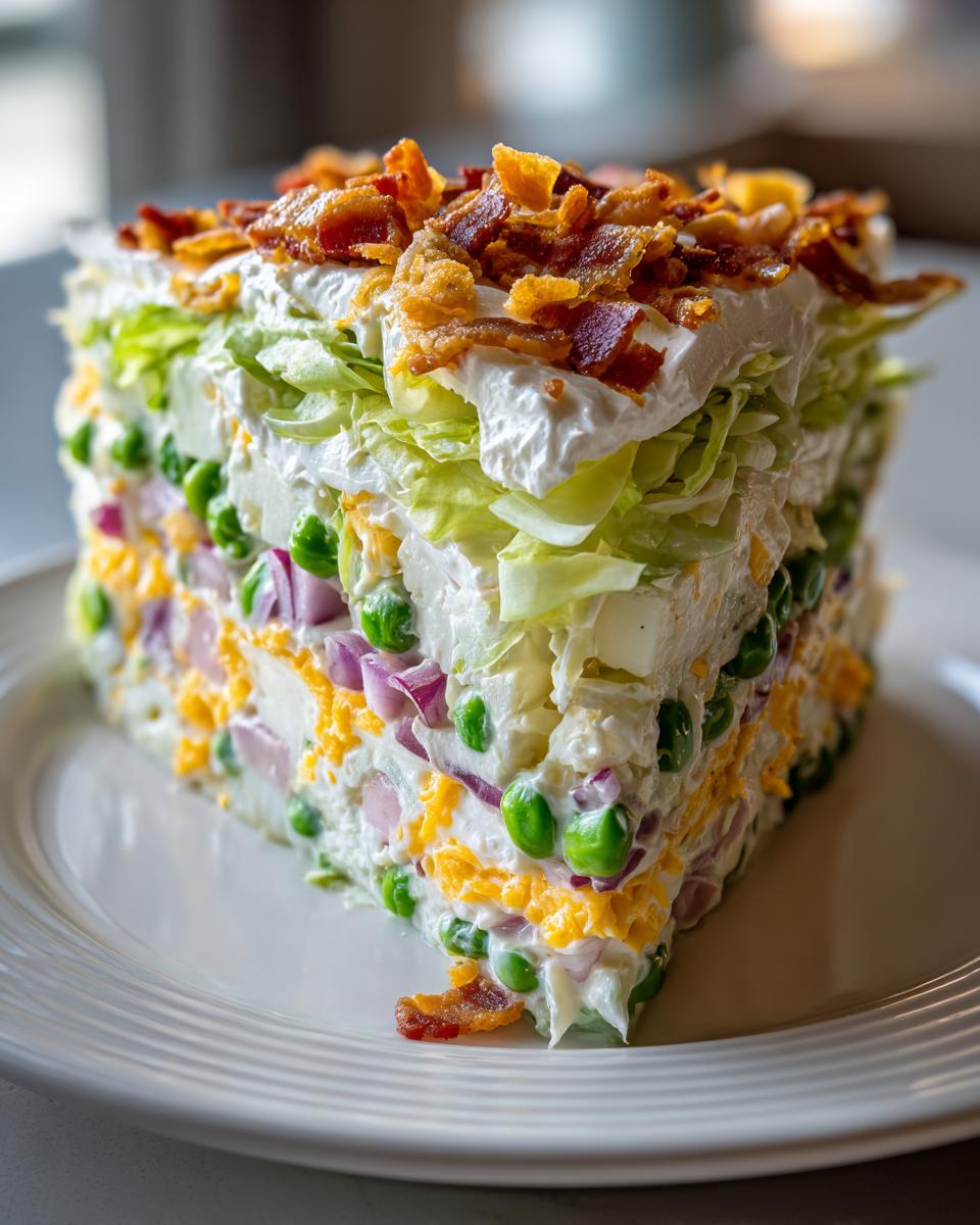 A tall, triangular slice of 7 layer salad showing distinct layers of peas, cheese, onion, and lettuce, topped with bacon.
