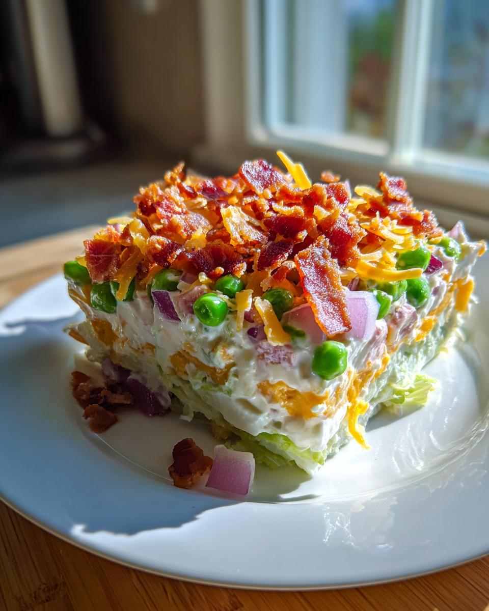 A square slice of creamy 7 layer salad topped with bacon bits, cheese, peas, and red onion.