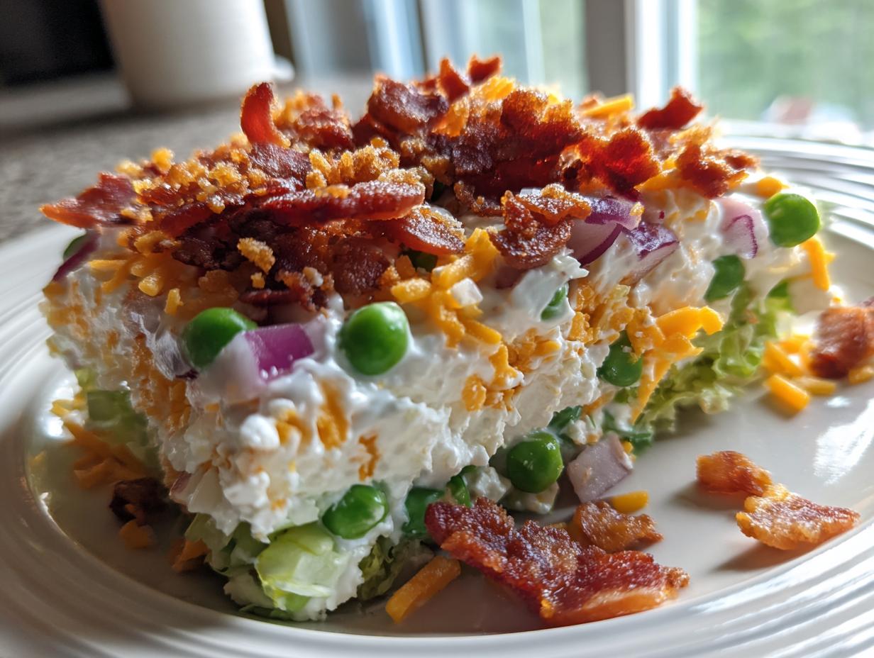 A close-up slice of amazing 7 layer salad featuring layers of lettuce, creamy dressing, peas, cheese, and topped with crispy bacon.