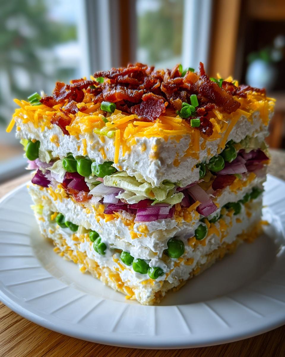 A tall, layered slice of amazing 7 layer salad featuring peas, red onion, lettuce, and a creamy dressing, topped with bacon.
