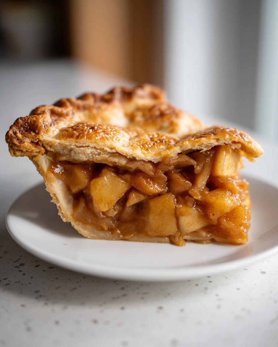 Close-up of a perfect slice of apple pie showing thick, caramelized apple filling and a golden, flaky crust.