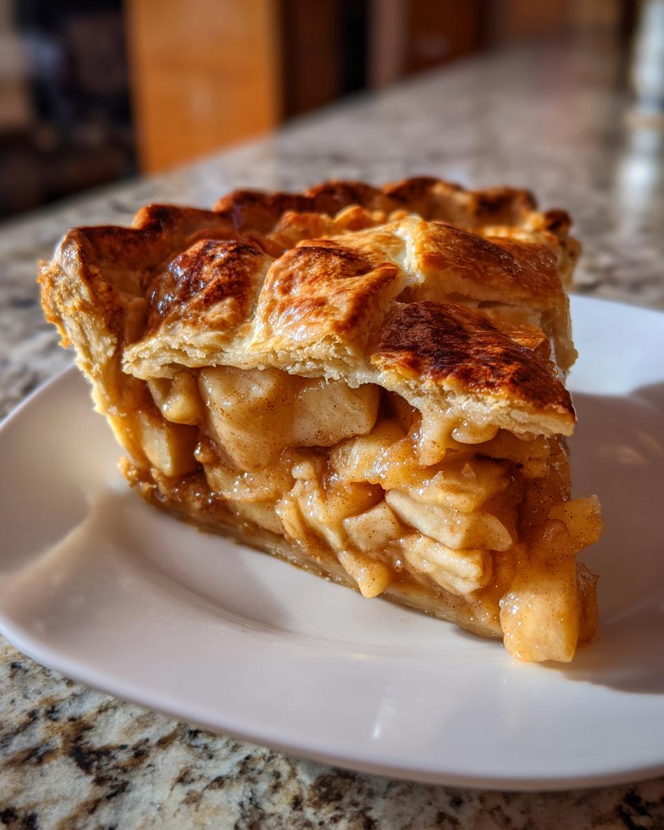 Close-up of a thick slice of amazing apple pie showing chunky cinnamon filling and a golden, flaky lattice crust.