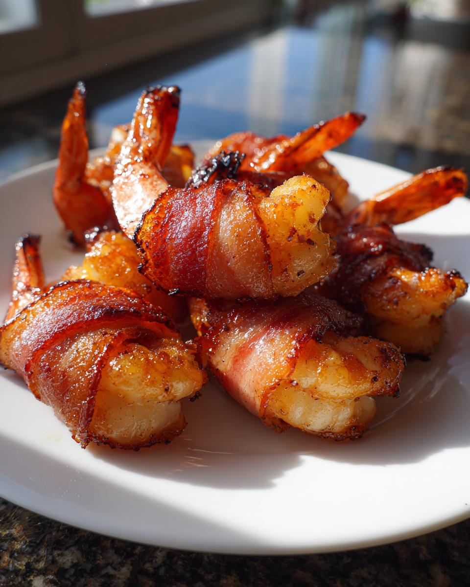 Close-up of several perfectly cooked bacon wrapped shrimp piled on a white plate, glistening under bright light.