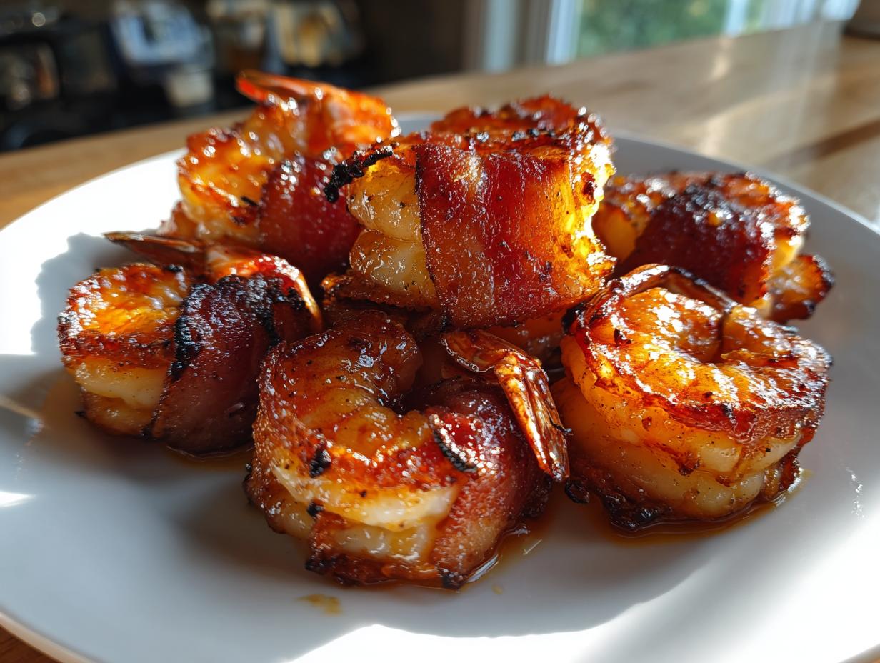 Close-up of several perfectly cooked, glazed bacon wrapped shrimp piled on a white plate.