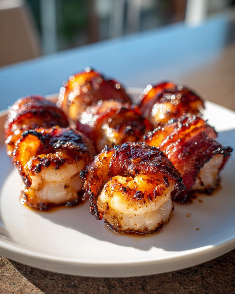 Close-up of six perfectly cooked bacon wrapped shrimp with a dark, caramelized glaze served on a white plate.