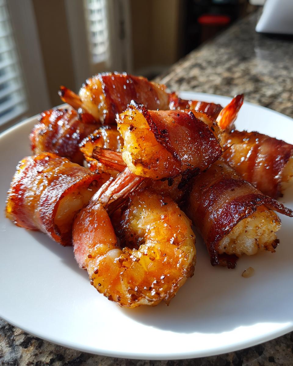 A close-up of several perfectly cooked bacon wrapped shrimp piled on a white plate, glistening with glaze.