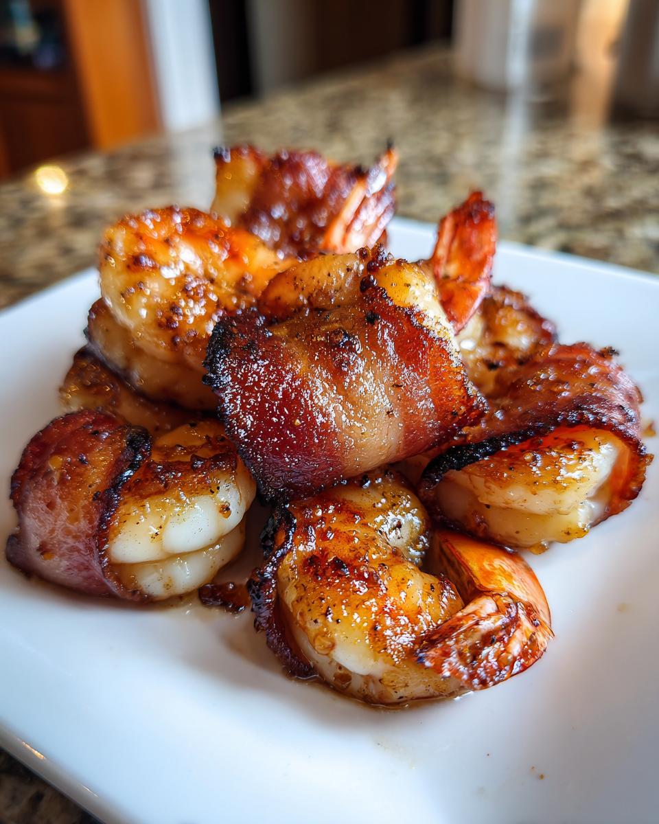 A close-up of several perfectly cooked bacon wrapped shrimp piled on a white plate, showing caramelized bacon.