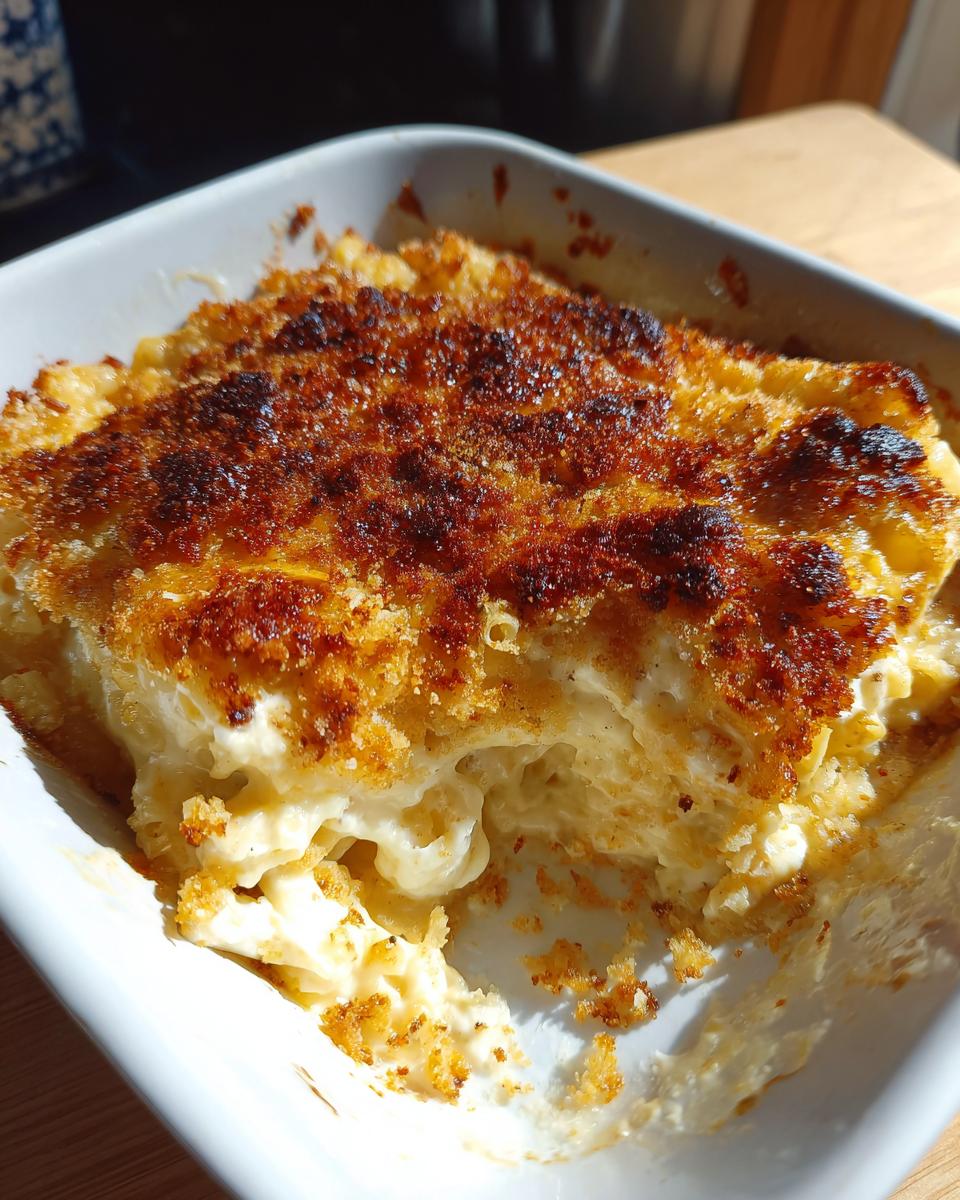 Close-up of creamy baked mac and cheese with a deeply browned, crunchy breadcrumb topping.
