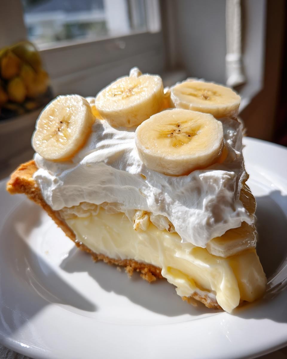 A close-up slice of amazing banana cream pie featuring a thick custard filling, graham cracker crust, and topped with whipped cream and fresh banana slices.
