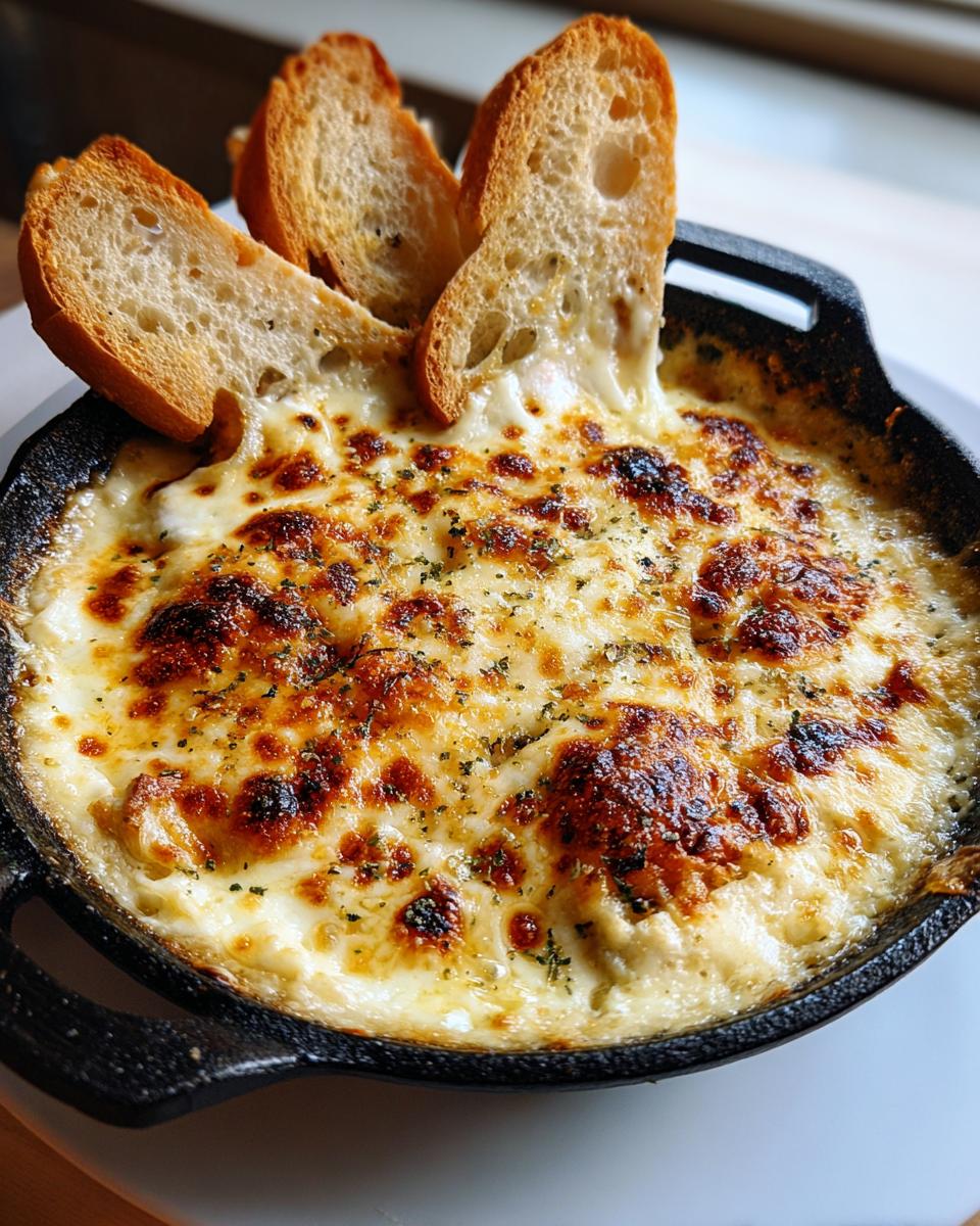 Close-up of a bubbling, cheesy bread dip in a cast iron skillet with toasted bread slices for dipping.