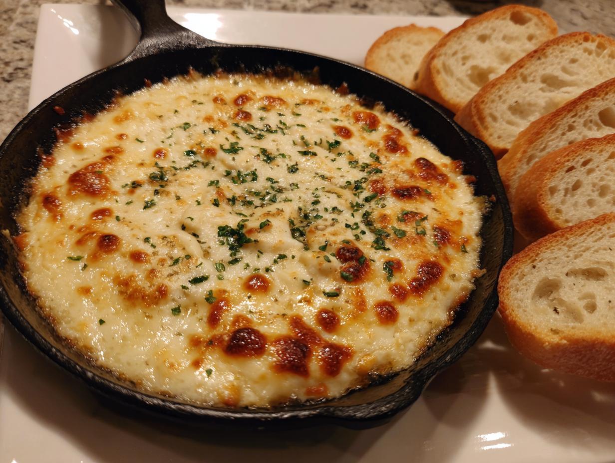 Close-up of a hot, baked, cheesy bread dip in a small cast iron skillet with toasted bread slices nearby.