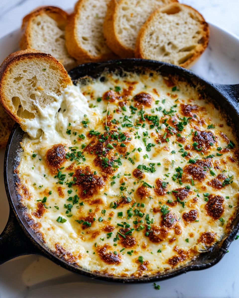 A piece of toasted bread dipping into a hot, cheesy, baked bread dip topped with chives in a cast iron skillet.