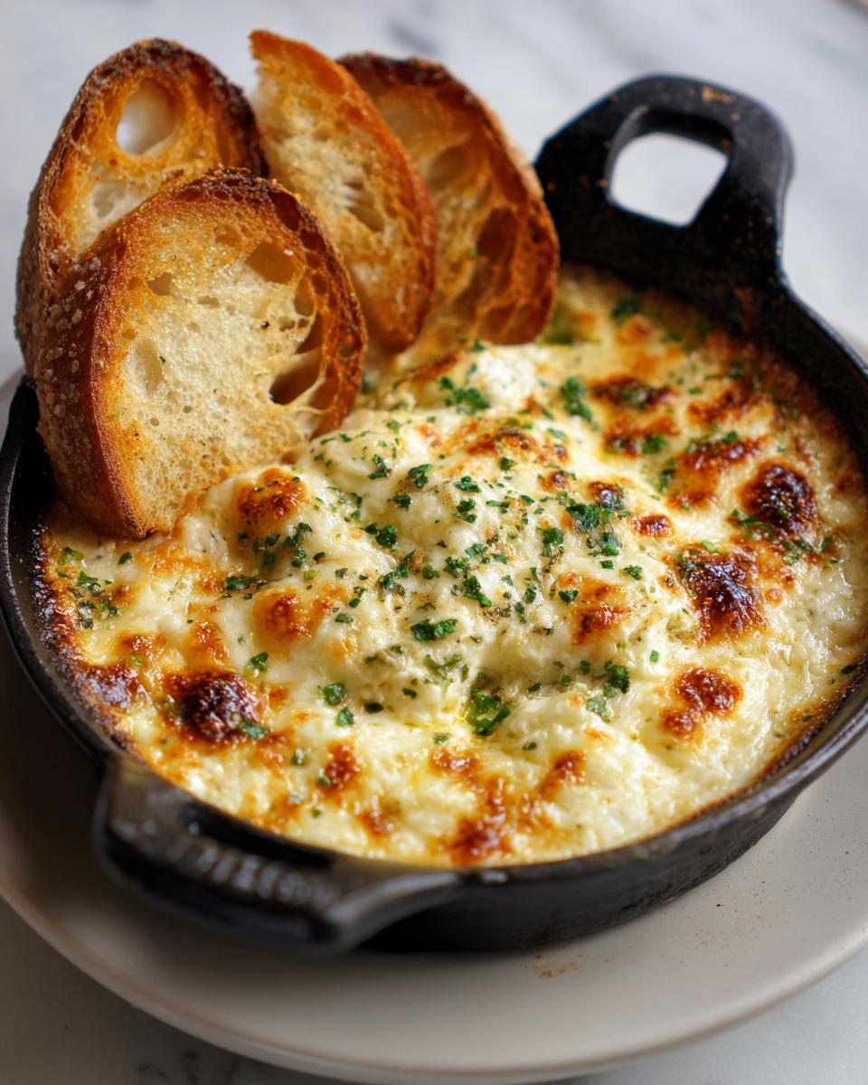 Close-up of a hot, bubbly, cheesy bread dip served in a small cast iron skillet with toasted bread slices for dipping.