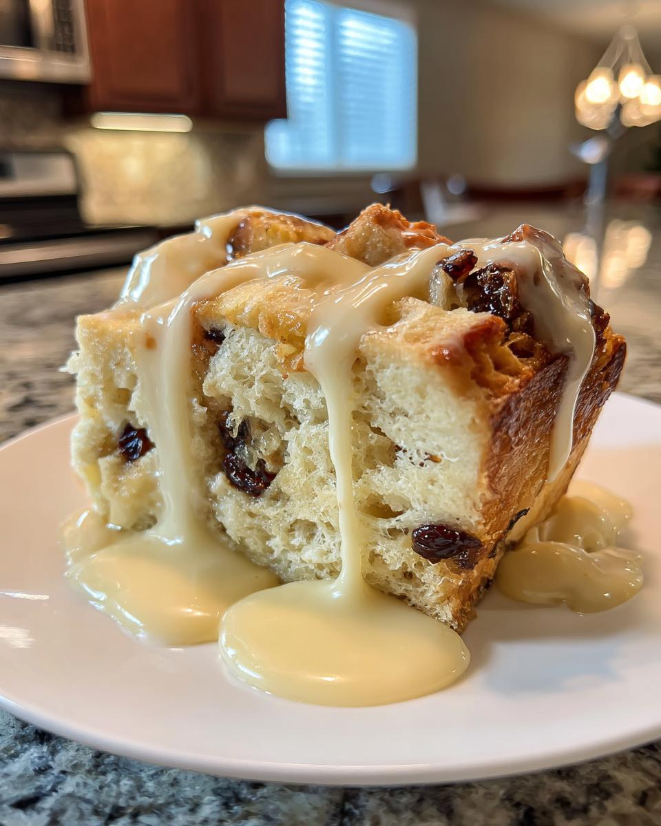 A close-up of a moist slice of bread pudding with raisins, generously covered in a rich vanilla cream sauce.