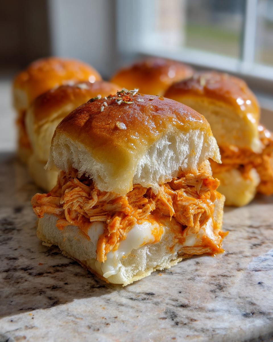 A close-up view of one of the amazing buffalo chicken sliders, showing shredded orange chicken filling and melted white cheese inside a soft roll topped with seasoning.