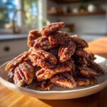 A mound of glistening, sugar-coated candied pecans piled high on a light-colored plate.