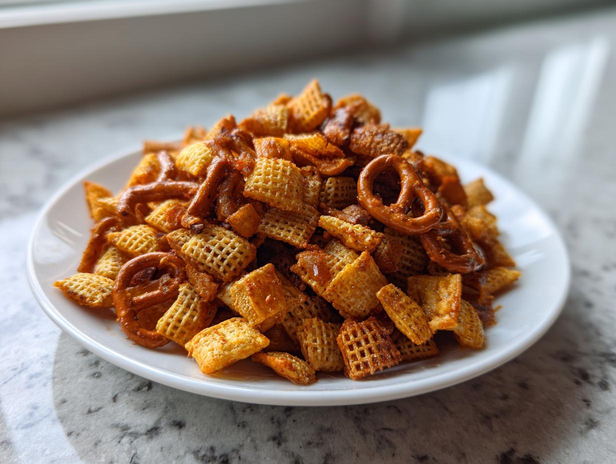 A close-up of a white plate piled high with seasoned chex party mix, featuring waffle-cut cereal pieces and small pretzels.