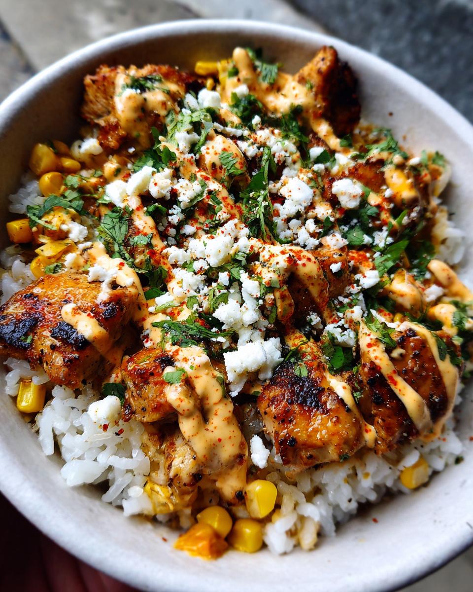 Close-up of a delicious chicken rice bowl topped with grilled chicken, corn, creamy sauce, feta cheese, and cilantro.