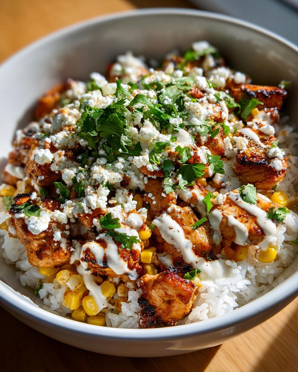 Close-up of a delicious chicken rice bowl featuring seasoned chicken, corn, white sauce, crumbled cheese, and fresh cilantro.