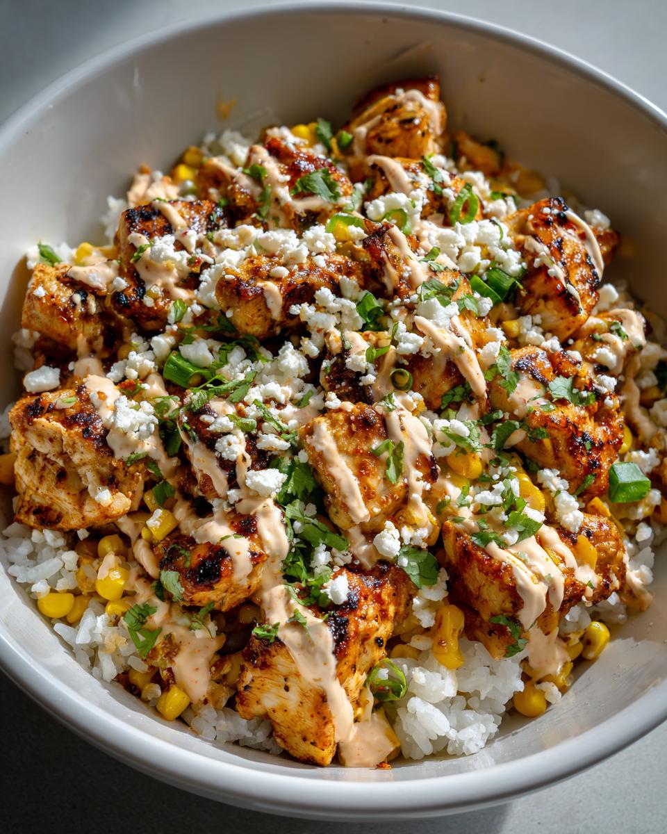 Close-up of a delicious chicken rice bowl featuring seasoned chicken pieces, white rice, corn, crumbled cheese, and a creamy orange sauce.