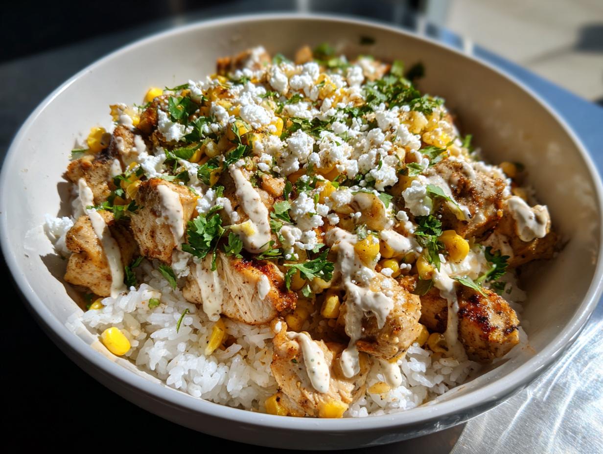 Close-up of a vibrant chicken rice bowl topped with seasoned chicken, corn, crumbled feta cheese, and a creamy drizzle.