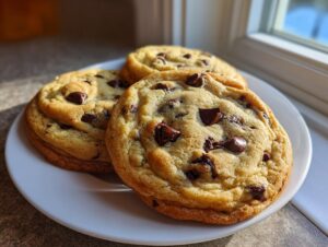 Close-up of three golden brown chocolate chip cookies piled on a white plate, illuminated by sunlight.