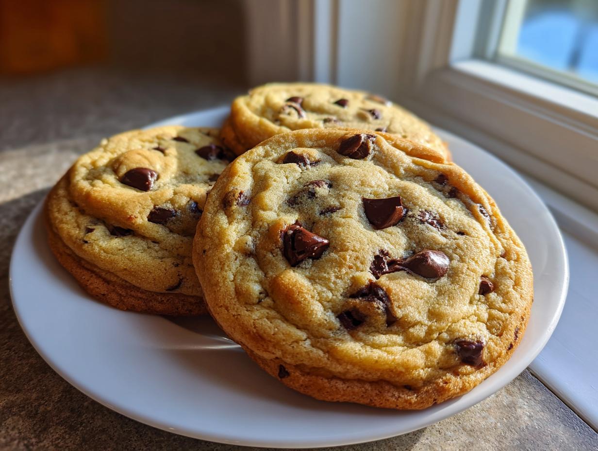 Close-up of three golden brown chocolate chip cookies piled on a white plate, illuminated by sunlight.
