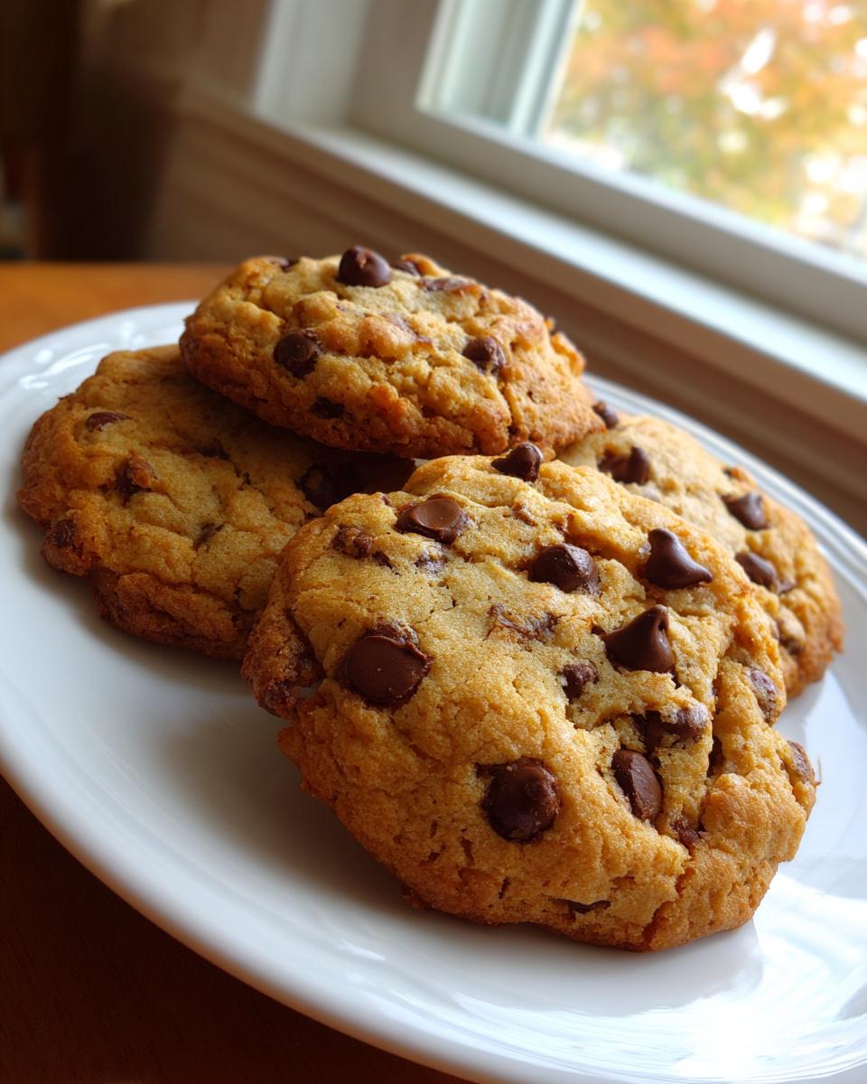 A stack of four golden brown chocolate chip cookies piled on a white plate near a window.