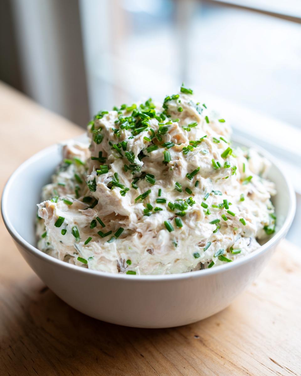 A white bowl filled with creamy clam dip, generously topped with freshly chopped green chives.