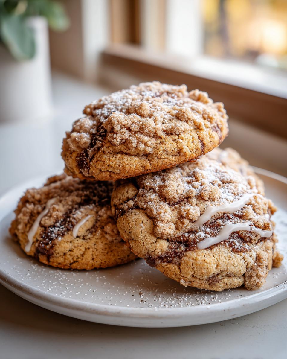 A stack of three delicious coffee cake cookies topped with streusel and a light vanilla drizzle.