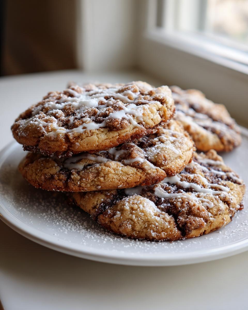 A stack of four soft coffee cake cookies topped with cinnamon streusel, white glaze drizzle, and powdered sugar.