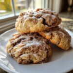 A stack of three soft coffee cake cookies topped with cinnamon streusel and a white glaze drizzle.