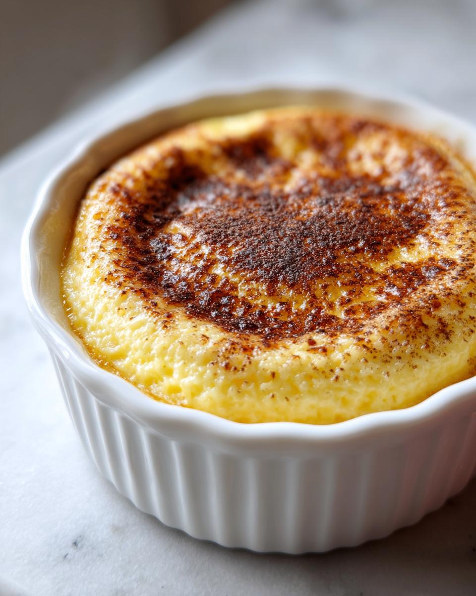 Close-up of a perfectly baked single egg custard with a lightly browned, sprinkled top in a white fluted ramekin.