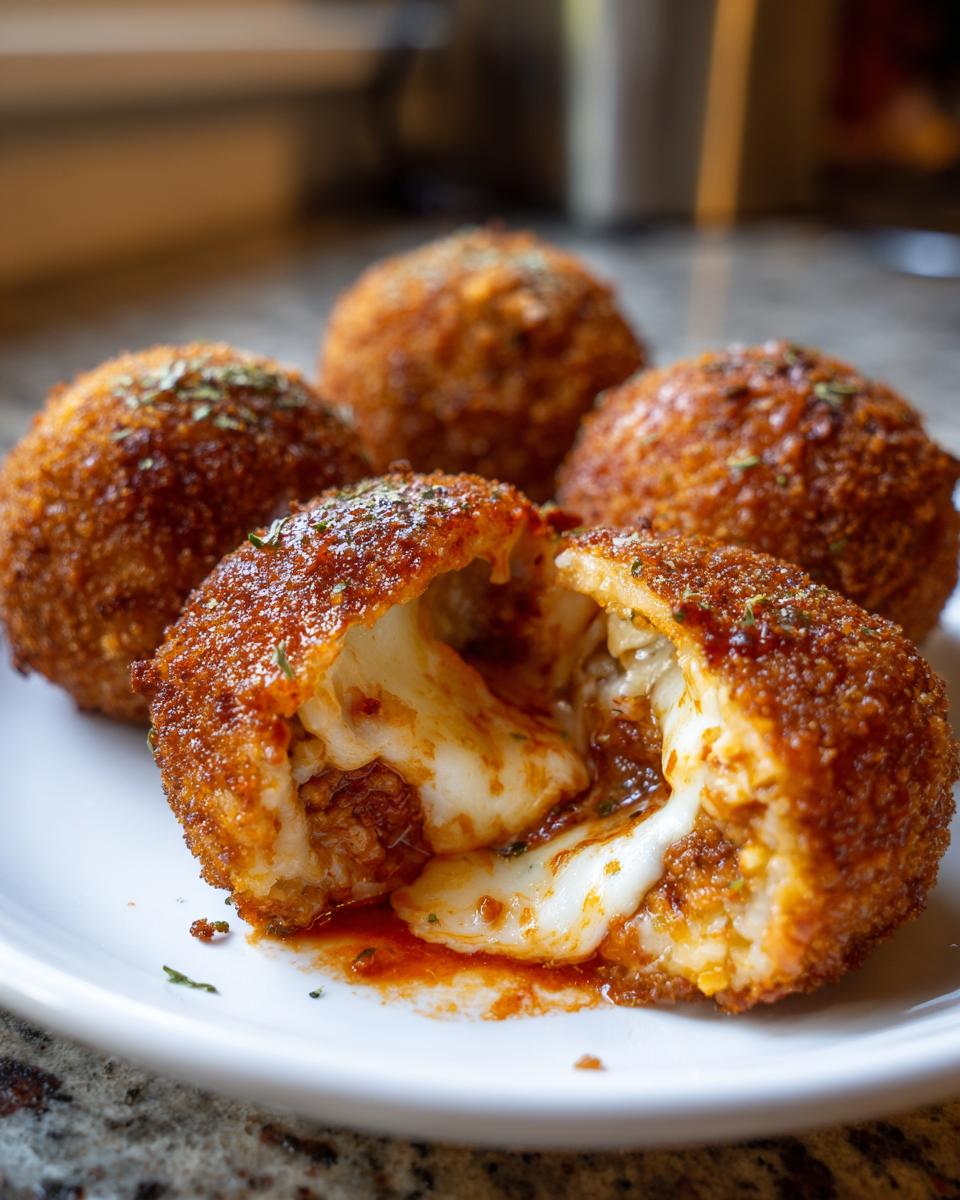 Close-up of fried rice balls, one split open revealing melted mozzarella cheese and savory filling.