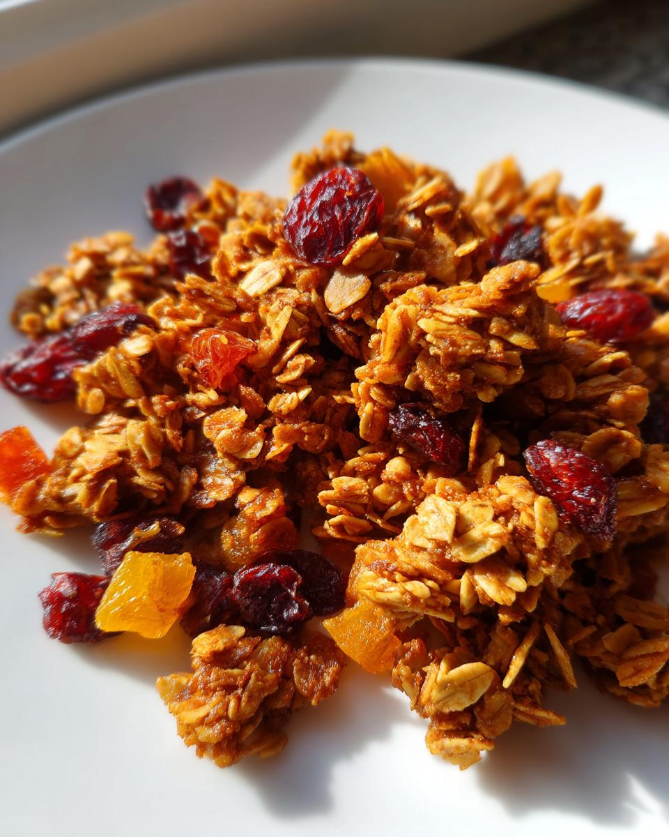 Close-up of homemade gingerbread granola mixed with dried cranberries and orange pieces on a white plate.