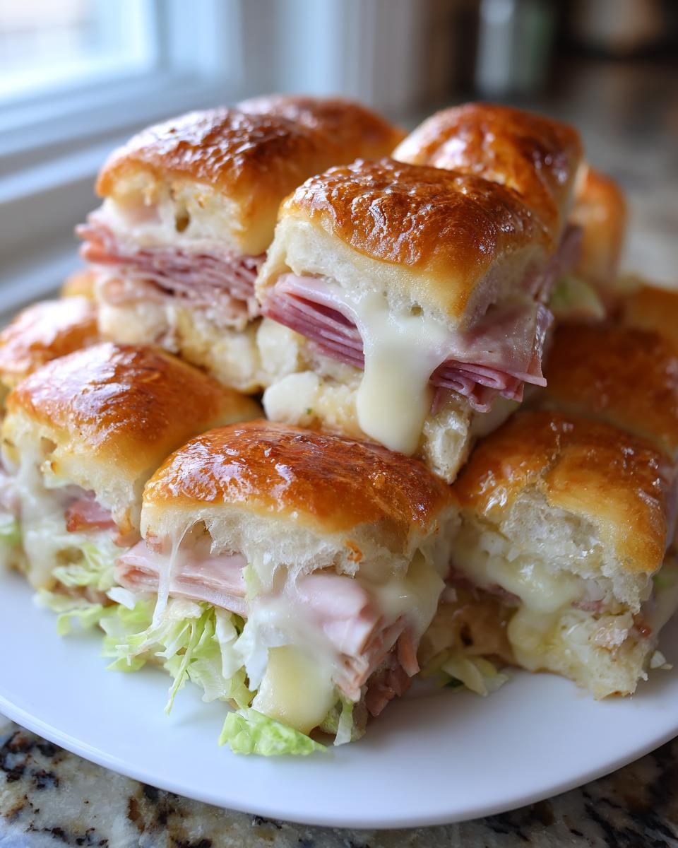 A stack of delicious grinder sliders featuring ham, melted cheese oozing out, and shredded lettuce on shiny, toasted buns.