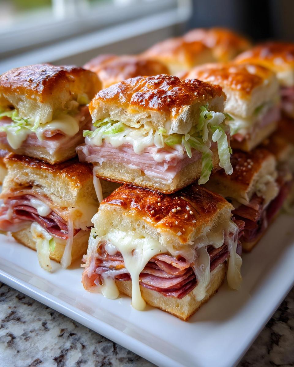 Close-up of several delicious grinder sliders stacked on a white platter with melted cheese dripping out.
