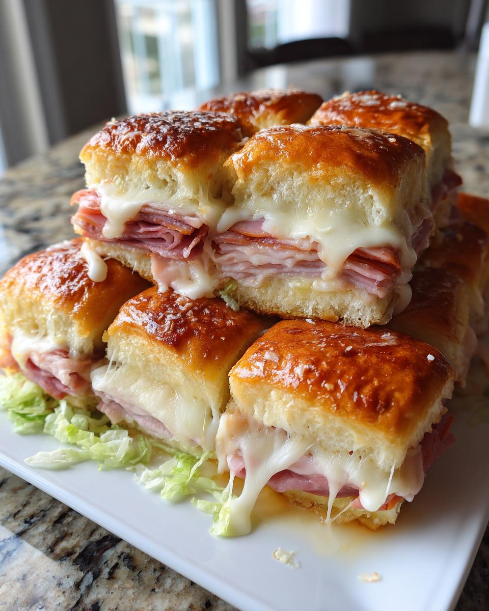 A stack of delicious, cheesy grinder sliders featuring ham and melted white cheese on a white platter with lettuce.