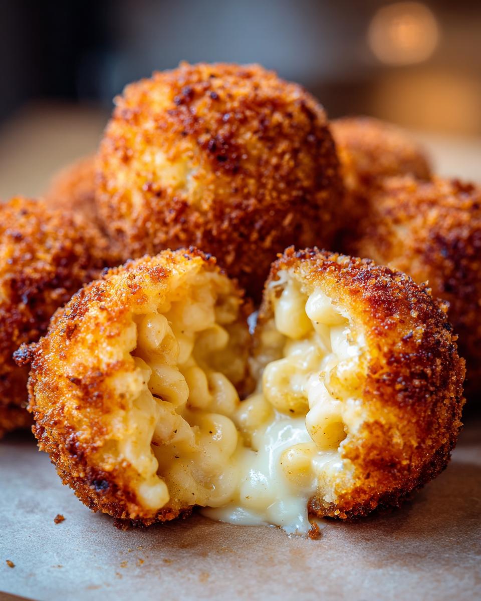 A close-up of a deep-fried, crispy rice balls, split open to show melted cheese and macaroni inside.