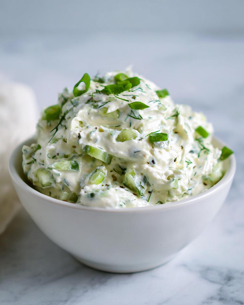 A creamy mound of amazing 10 minute pickle dip, mixed with chopped pickles and herbs, topped with green onions.