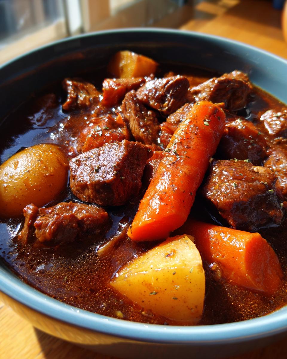 Close-up of a hearty bowl of rich, dark pork stew with chunks of meat, potatoes, and carrots.