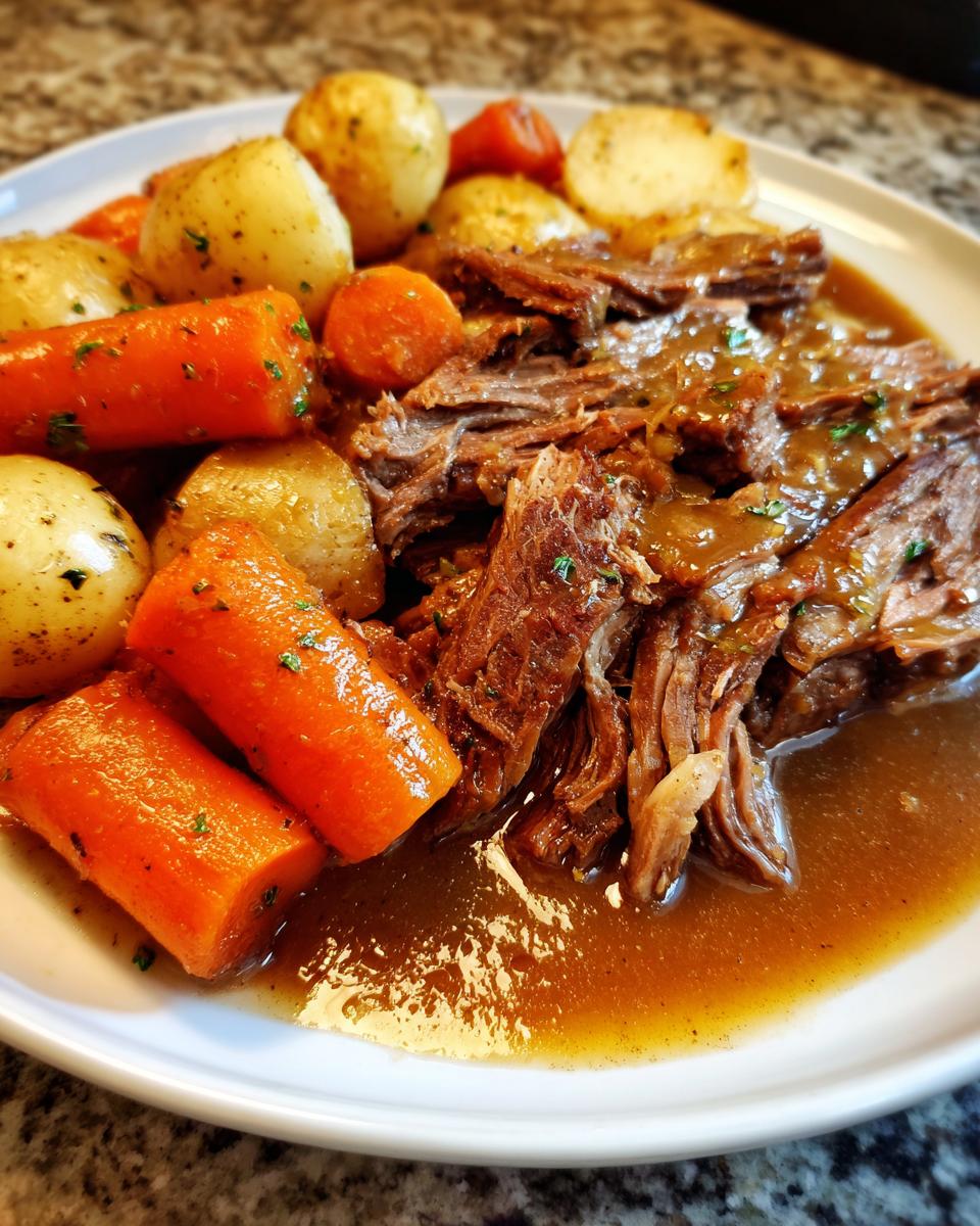 A plate of tender, shredded pot roast served with large chunks of carrots and small potatoes, covered in rich brown gravy.