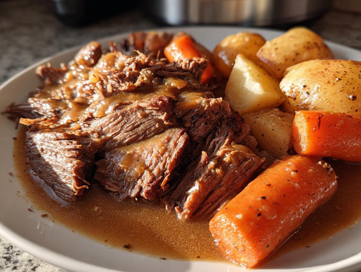Close-up of tender, shredded pot roast covered in gravy, served with large chunks of carrots and potatoes.