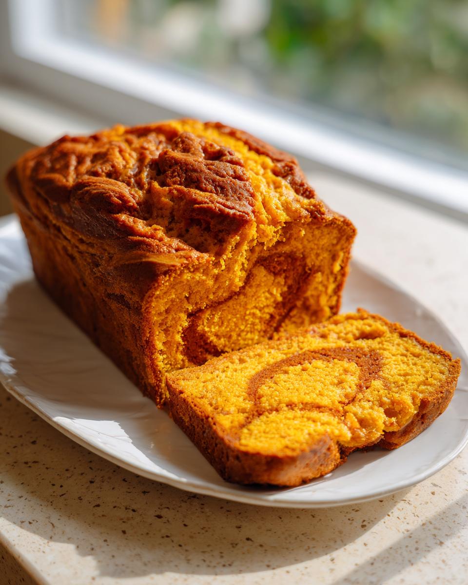 A freshly baked loaf of pumpkin cream cheese bread, partially sliced, showing the vibrant orange color and cream cheese swirl.